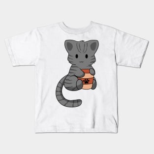 Grey Tabby Cat with Coffee Kids T-Shirt